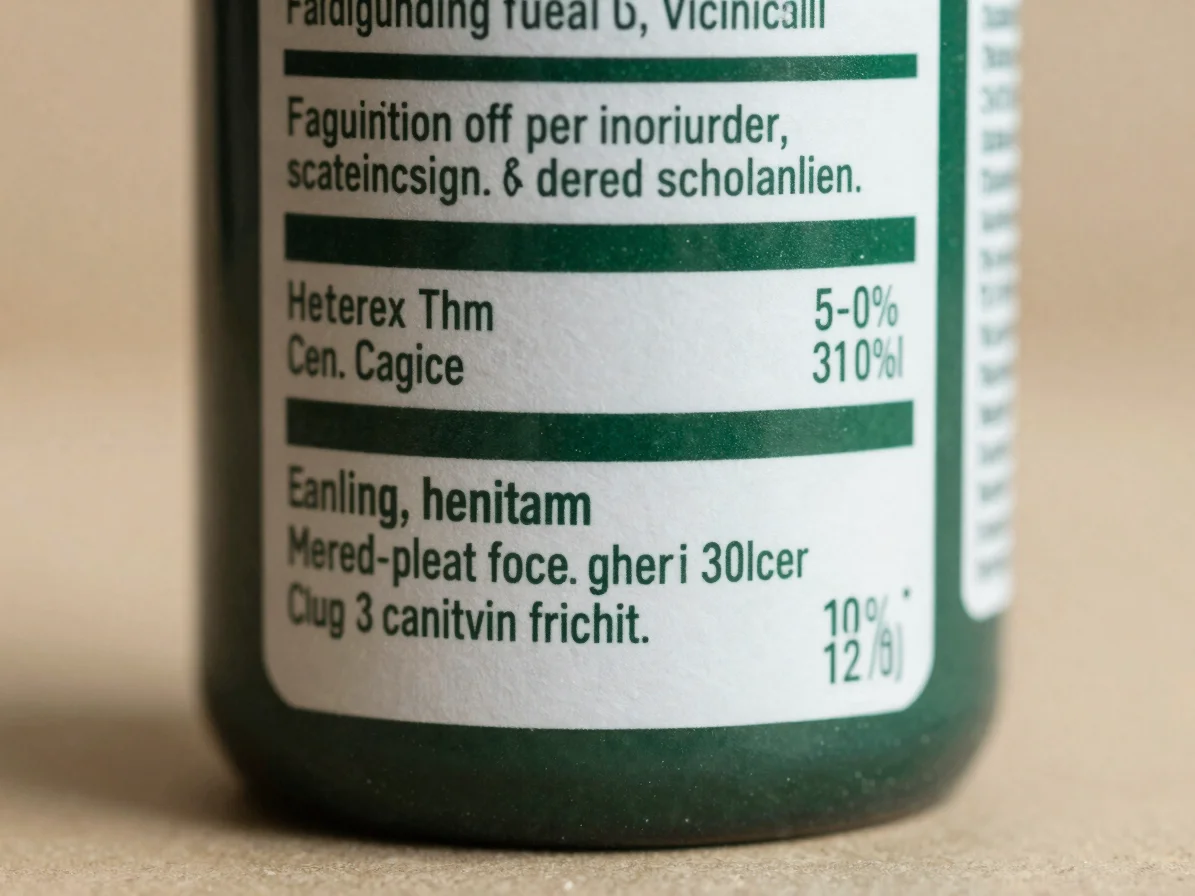 Close-up editorial still life of a product ingredient label with