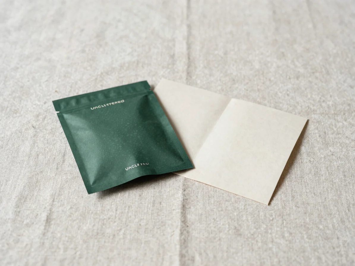 Uncluttered editorial still life of product packaging and a folde